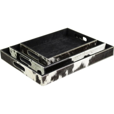 Mars & More Sada 3ks servírovací podnosy s hovězí kůží černá bílá 46x6,5x5cm/40,5x0,5x5cm/33,5x24,5x5cm