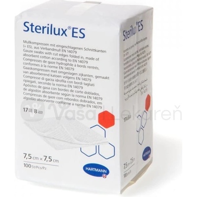 Sterilux ES kompres nesterilný so založenými okrajmi 13 vlákien 8 vrstiev 7,5 cm x 7,5 cm 100 ks