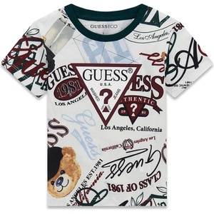 GUESS Бяла тениска за мини момче с цветни надписи и лого Guess в бордо цвят