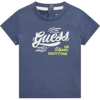 GUESS Синя памучна тениска за бебе момче с бял надпис Guess