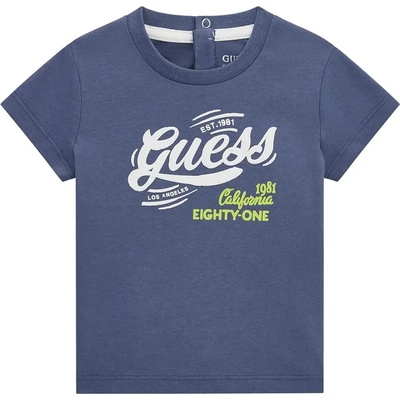 GUESS Синя памучна тениска за бебе момче с бял надпис Guess