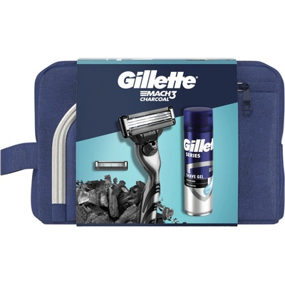 GILLETTE MACH3 Charcoal taška -Strojek + 2 NH + gel na holení 200 ml Dárkové balení