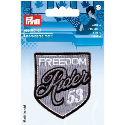 PRYM Nášivka štítok Freedom Rider 53, nažehľovacia, šedá/čierna/biela