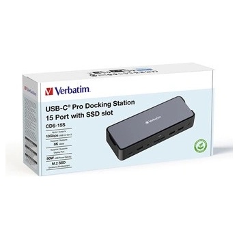 Verbatim 32173 докинг станция, USB-C Pro, 15-порт, 2x HDMI, RJ45, микро SD, USB-A 3.1, USB-C 3.1, сив (32173)