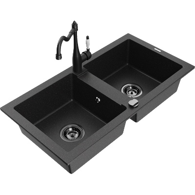 Mexen Mario гранитна мивка с 2 отделения с кухненски смесител Carla, черен/сребрист металик - 6504-73-670700-70-B (6504-73-670700-70-B)