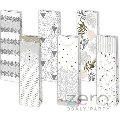 Taška papírová dárková na láhev 12x40x9 cm (lak) - bílá s glitry (mix 1)