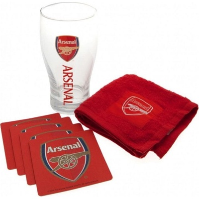CurePink Sklenice FC Arsenal Wordmark bar set s tácky ručníkem 470 ml