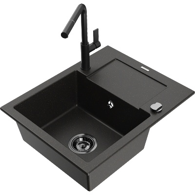 Mexen Enzo гранитна мивка с 1 отделение с отцедник и кухненски смесител Flora, (6506-75-670401-70-B)
