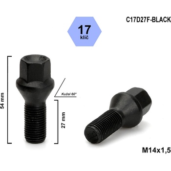 Kolový šroub M14x1,5x27 kužel, klíč 17, C17D27F-BLACK, výška 54 mm