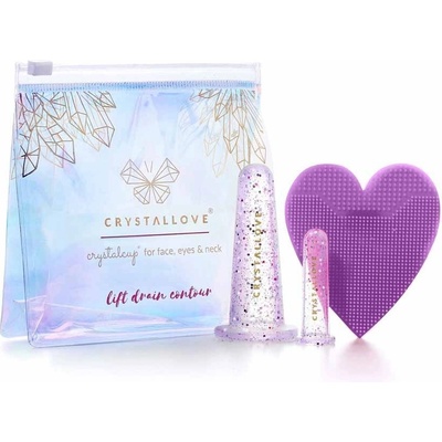 Crystallove Crystalcup masážna pomôcka na očné okolie + masážna pomôcka na tvár, krk a dekolt + čistiaca kefka na pleť + transparentná kozmetická taštička