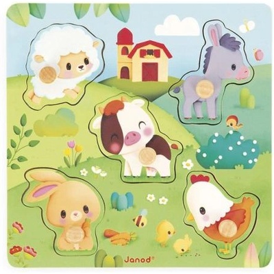 Janod Farm Дървен пъзел с дръжка Животни