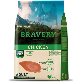 Bravery chicken adult dog medium & large, натурална, хипоалергенна храна, БЕЗ ЗЪРНО за пораснали кучета от средни и едри породи над 1 година, с пилешко месо, Испания - 4 кг