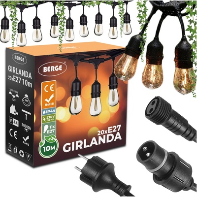 BERGE Zahradní girlanda 10m + 20x 1W LED žárovka BG1020