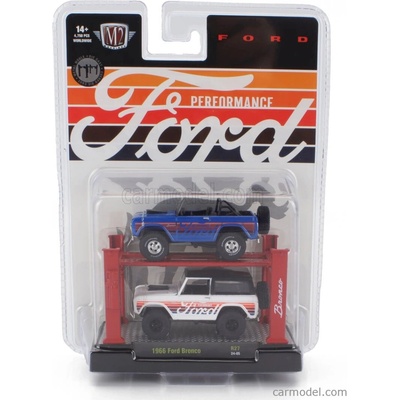 Bronco M2 machines Ford usa 2x 1966 Garage Set Officina Ponte Sollevatore Auto Four Post Lift Bílá Modrá 1:64