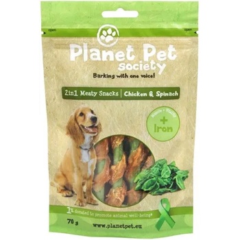 Planet Pet society Planet Pet 2 in 1 Meaty Snacks Chicken & Spinach - деликатесно лакомство с пилешко месо и спанак 70 гр