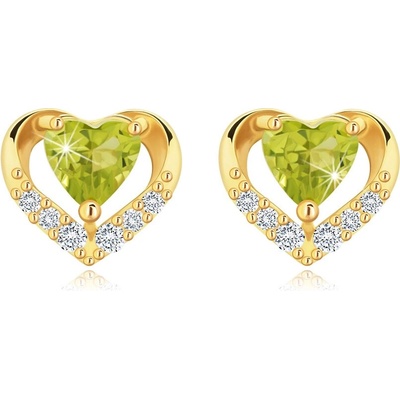 Šperky Eshop Náušnice z žltého 14K zlata, kontura srdce s olivínem a zirkony S3GG89.25