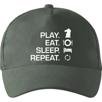 Eat sleep play šach so zahnutým šiltom a mosaznou sponou Tm. bridlica šedozelená