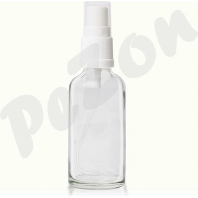 Láhev 50ml: Skleněná, kulatá průhledná, bezbarvá láhev, 50ml - Objem 50ml s rozprašovačem