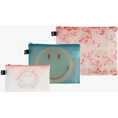 Loqi Smiley taštičky na zips 3 ks transparent milky blossom