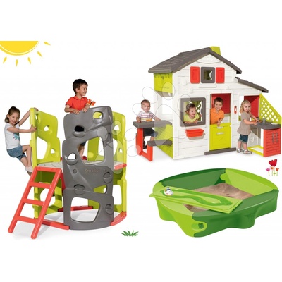 Smoby Set preliezačka Multi-Activity Tower na šplhanie so šmykľavkou+domček Priateľov s kuchynkou a pieskoviskom SM840201-4