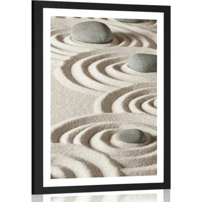 Plakát s paspartou Zen kameny v písčitých kruzích - 40x60 black