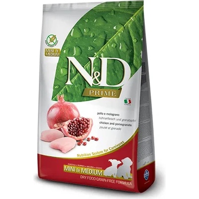 N&D Prime Puppy Mini & Medium Chicken & Pomegranate - храна за подрастващи кучета от дребни и средни породи с пилешко и нар; без зърнени култури 2.500 кг