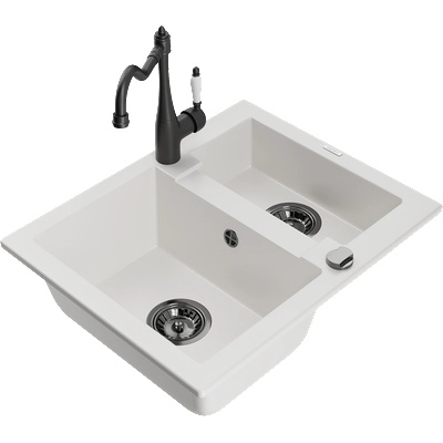 Mexen Carlos гранитна мивка 1, 5-камерна с кухненски смесител Carla, бял - 6518-20-670700-70 (6518-20-670700-70)