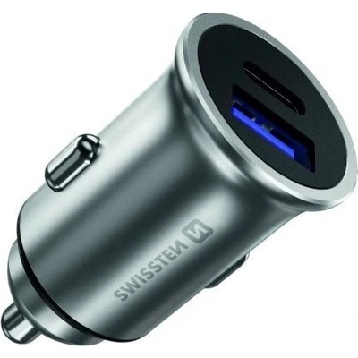 SWISSTEN METAL napájecí adaptér 36W stříbrný Napájecí adaptér, do auta, 1× USB-C, 1× USB, vstup 12–24V, 2× výstup max. 12V, 36W (celkem), Power Delivery, QC 3.0, stříbrný 20111740 – Zboží Živě