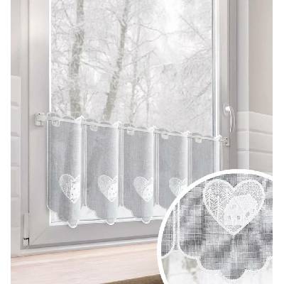 Vitrážová záclonová látka Srdce v. 30 cm – Bílá