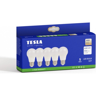 Tesla LED žiarovka BULB E27, 8 W, 230 V, 806 lm, 25000 h, 3000 K teplá biela, 220 st 5 ks