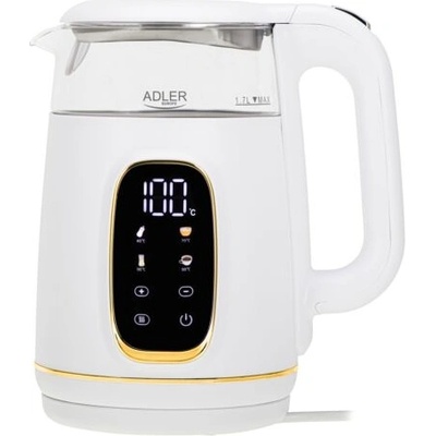 Adler AD 1305 WG, 2200 W, 1, 7 л, Сензорно управление, Филтър за люспи, Пластмаса-стъкло, Бяло-Арани, Електрическа кана (AD 1305 WG)