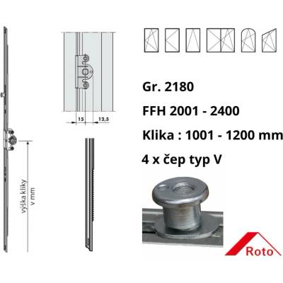 Roto převodová lišta NT variabilní D15 2180 / 2001-2400 x 1001-1200 mm počet čepů / 4 / V 355747
