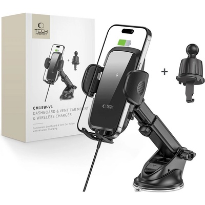 Tech-Protect Стойка за автомобил с безжично зареждане 15W от Tech Protect CM15W-V1 - Черна (9490713935095)