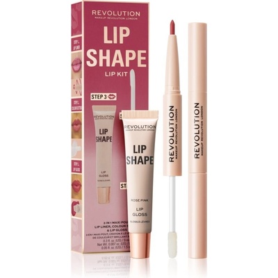 Revolution Lip Shape Kit Rose Pink kontúrovacia ceruzka na pery 2 v 1 0,2 g + 1,5 ml + Rose Pink žiarivý lesk na pery 9 ml