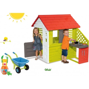 Smoby Set domček Pretty Nature s letnou kuchynkou a okenicou+fúrik s dvoma kolesami a vedro set s mlynom 6 dielov