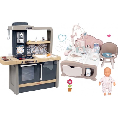 Smoby Set kuchynka elektronická s nastaviteľnou výškou Tefal Evolutive a domček Cocoon elektronický s dennou a nočnou zónou a 32 cm bábikou