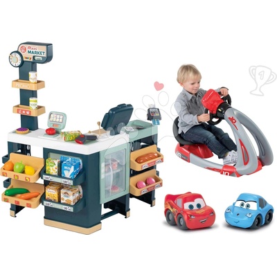 Smoby Set obchod elektronický smíšené zboží s chladničkou Maxi Market a trenažér V8 Driver se zvukem a světlem a autíčka