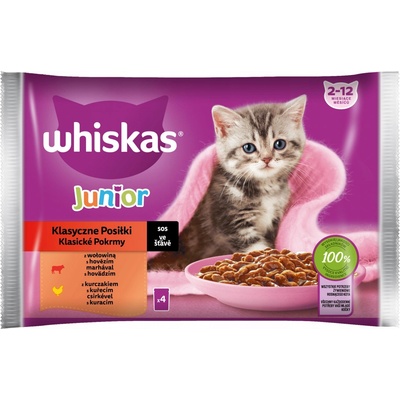 Whiskas Junior Klasické jedlá Hovädzie mäso Kuracie Mäso 4 x 85 g