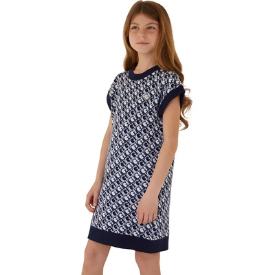 Guess Трикотажна двуцветна рокля в тъмно синьо и бяло за момиче с къс ръкав с лога Guess