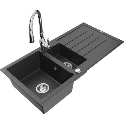 Mexen Andres гранитна мивка 1, 5 камери с отцедник и кухненски смесител Savita, черен на пръски - 6515-76-672601-00 (6515-76-672601-00)