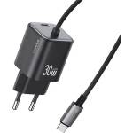 USAMS JC MINI мрежово зарядно устройство Type-C с гнездо 30W, GaN + фиксиран кабел Type-C, ЧЕРНО CC264TC01 (CC264TC01)