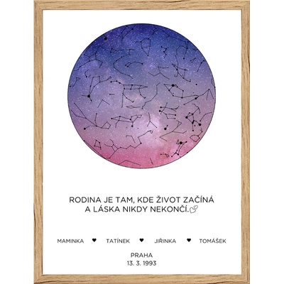 Plakát s hvězdnou oblohou - fialovo bílý Rozměr plakátu: A3 (29,7 x 42 cm), Rámeček: Dřevěný rámeček, Počet osob, Text: 3-4 osoby vlastní text