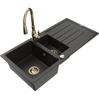 Mexen Andres гранитна мивка с 1, 5 камери и отцедник и кухненски смесител Savita, черно/златно металик- 6515-75-672601-50 (6515-75-672601-50)