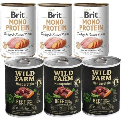 Brit Mono Protein Turkey & Sweet Potato 6 x 400 g a Wild Farm Monoprotein Beef 6 x 400 g