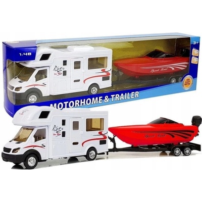 LEAN Toys Karavan s červeným motorovým člunem a třecím pohonem 1:48