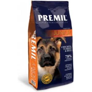 PREMIL Super Premium Junior - пълноценна храна за подрастващи кучета от големи и едри породи до 1 година, с пуйка, патица и риба тон, 3 кг - Сърбия