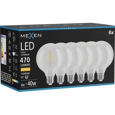 Mexen Vintis 6x LED филамент крушка E27, G95, 4W, Топла - 2700K, 470 lm, прозрачна (L157-E27-0427-00x06)