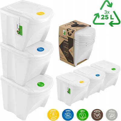 Prosperplast Koš na tříděný odpad šedý, 3 komory, 75 l s víkem