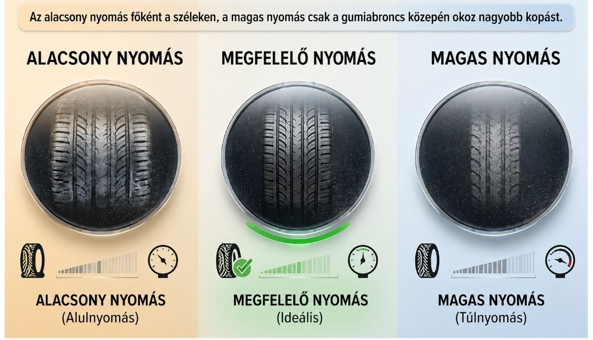 Az ábrán látható, hogyan változik a gumiabroncs útfelülettel való érintkezési felülete a nyomás mértékétől függően