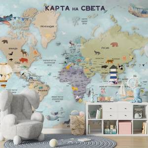 Art Gift Decor Детски Фототапет - Образователна карта с животни в синьо